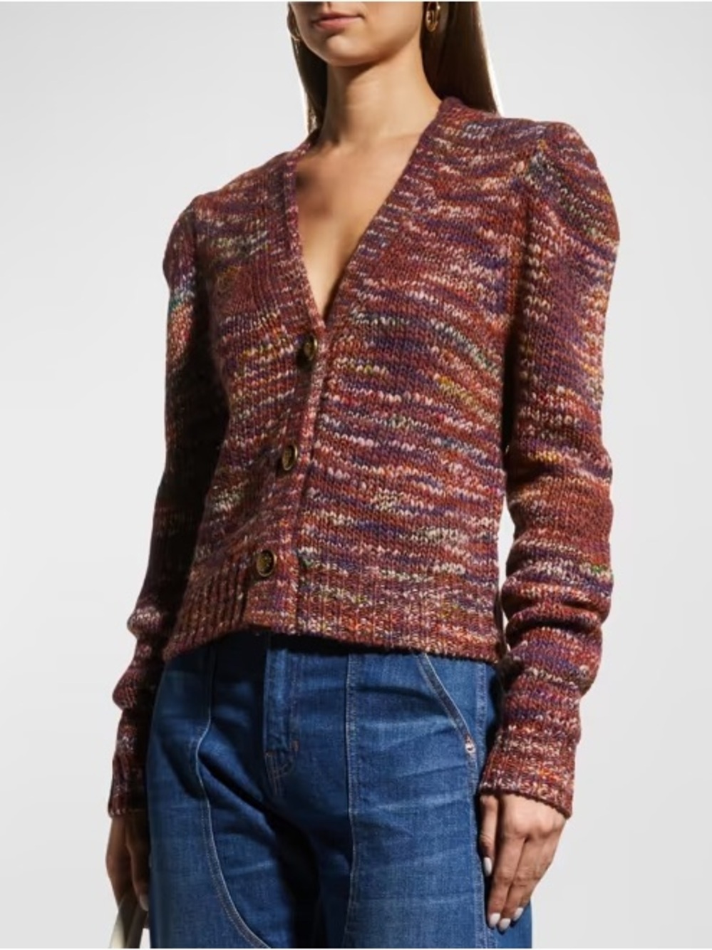 Veronica Beard Amosa Knit Puff-Sleeve Burgundy Space-Dye Wool Cardigan Sweater S